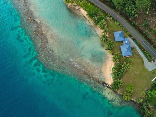 lodge and turquoise water
